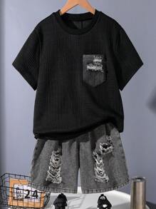 2pcs Youth (Boys) Casual, Vacation, Fashion, Street, Minimalist, Daily Wear Short Sleeve T-Shirt & Denim Shorts Set - Black - View 1