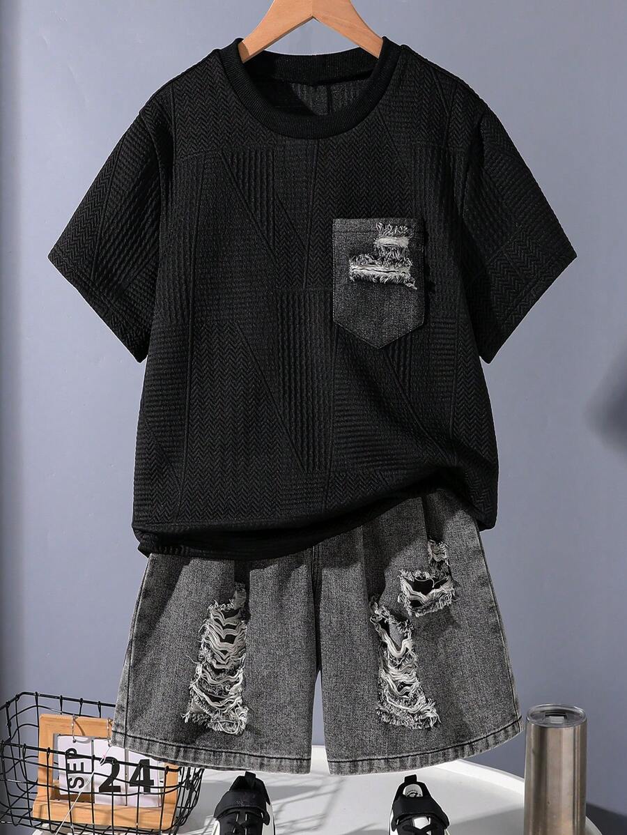 2pcs Youth (Boys) Casual, Vacation, Fashion, Street, Minimalist, Daily Wear Short Sleeve T-Shirt & Denim Shorts Set - Black - View 1