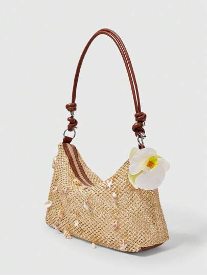 Fairycore 1 Stück braune Strandtasche aus Geflecht mit Muscheln & Seestern, personalisierter modischer Strandstil Damen Umhängetasche (beinhaltet 1 Tasche und 1 Zubehör Set)