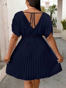 SHEIN Clasi Plus Size Casual Solid Color Pleated Hem Dress - Navy Blue - View 2