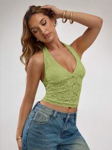 SHEIN BAE Trang phục mùa hè hở lưng gợi cảm cổ chữ V co giãn dễ thương cho phụ nữ Boho hở lưng, trang phục hòa nhạc cho phụ nữ, trang phục dạo phố cho phụ nữ, trang phục Rave - Màu xanh Ô liu - Xem 6