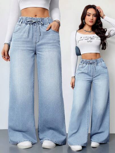 SHEIN Tall Jeans taille haute jambes larges pour femmes, pantalon droit décontracté à taille élastique, bleu aqua, été, streetwear, city break, vêtements de festival de musique, femmes grandes