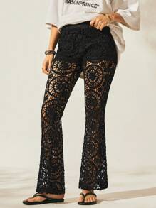 Easelle 女士休闲度假款黑色镂空钩针喇叭长裤，春夏 - 黑色 - 查看 6