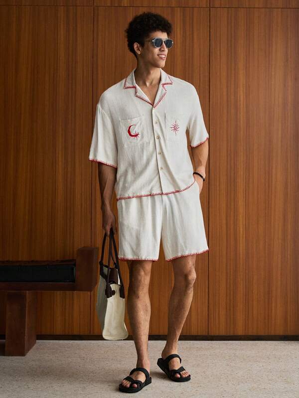 SWAVVY 2pcs Men's Casual Loose Fit Short Sleeve Shirt And Elastic Waist Straight Leg Shorts Set