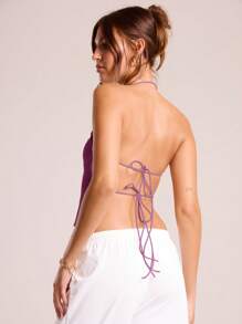 MUSERA Halter Neck Ruched Bust Front Top Classy Graduation Girly Holiday Fall Carnival Festival Spring Summer Outfit Elegant Vacation - Lilac Purple - View 2