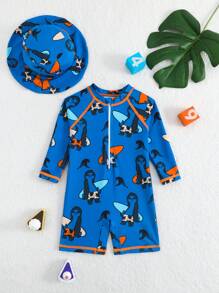 Toddler Boys' Animal Print Long Sleeve One-Piece Swimsuit With Hat, Sun Protection For Vacation - Multicolor - View 1