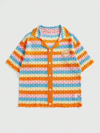 Herren lässiges Strickhemd mit Knöpfen, Kurzarmoberteil