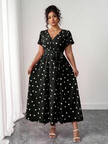 Elenzga Romantischer, legerer, eleganter Urlaubsstil rotes Wickel-Midi-Kleid mit V-Ausschnitt, Polka Punkten, Kurzarm und Schlitz für Damen in Große Größen, Outfit für Silvester - Schwarz und Weiss - Übersicht 3