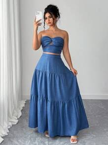 Elenzga Plus Size 2pcs Sets Elegant Blue Twist Bandeau Top And Ruffled Maxi Skirt, Vacation Style, Summer - Blue - View 4