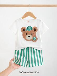 Cozy Pixies Conjunto de 2 piezas de top de manga corta con cuello redondo y pantalones cortos con cintura elástica a rayas para niño bebé, con estampado de oso de dibujos animados