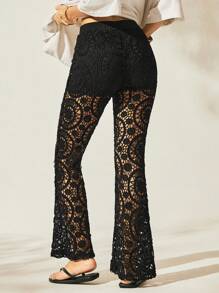 Easelle 女士休闲度假款黑色镂空钩针喇叭长裤，春夏 - 黑色 - 查看 4