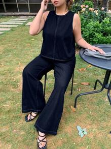 Dazy Plus 大码两件套：深色水洗无袖牛仔上衣和直筒牛仔裤，夏季返校服装