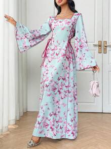 Al Najma 女式方领蝴蝶印花喇叭袖阿拉伯风格夏装 - 彩色 - 查看 5