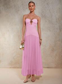 COSMINA Women's Solid Color Hollow-Out Metal Decor Sexy Halter Super Long Dress,Bodycon Dress