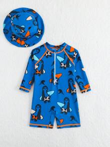Toddler Boys' Animal Print Long Sleeve One-Piece Swimsuit With Hat, Sun Protection For Vacation - Multicolor - View 5