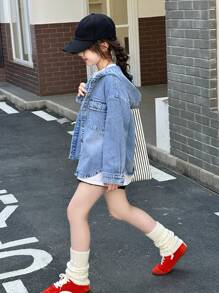 SHEIN Genkimix Kids Denimly Tween Girls Preppy Casual Daily Urban Street Loose Denim Hoodie, Comfortable All-Match Casual Versatile Fall Winter