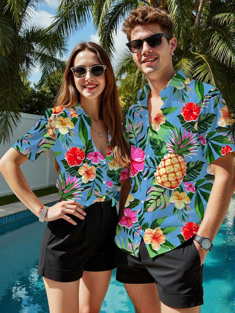 Manfinity BRENVOR Camisa casual de manga corta con botones al frente y estampado de plantas tropicales para vacaciones de hombres - Azul - Ver 1