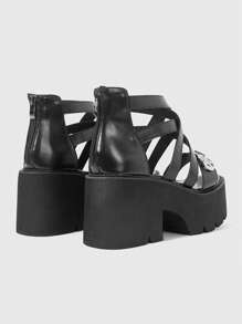 ROMWE Women's Black Casual Retro Roman Style Platform Sandals, Punk/Goth Round Star Buckle Back Zipper Thick Heel High Heels, Halloween - Black - View 3