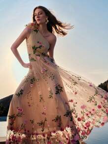 ZEYLAH 女士优雅派对 3D 花朵网眼刺绣不对称领口连衣裙 - 杏色 - 查看 12