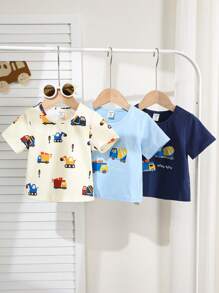 SHEIN 3件套男女通用婴儿情人节汽车和心形图案圆领短袖连体衣套装 - 藍色 - 查看 10