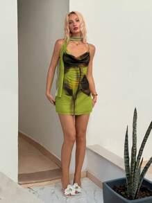 SHEIN ICON Đầm ôm sát cổ lưới in họa tiết hoa màu xanh lá cây cho nữ - màu xanh lá - Xem 4