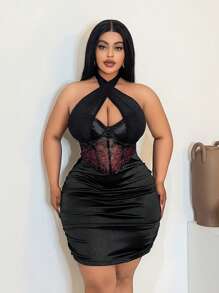 Maweii 大码女式撞色蕾丝荷叶边露背连衣裙 - 黑色 - 查看 6