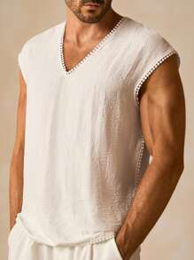 GENTILAND Men's V-Neck Pom Pom Trim Textured White Top - Lightweight, Bohemian Resort & Beach Essential! Men's Casual V-Neck Comfortable Tank Top, Suitable For Party, Beach, Daily. Men's Top, White V-Neck Top Men, Summer Breathable Tank Top Men, Textured Fabric Top Men, Pom Pom Trim Top Men, Ball Fringe V-Neck Top Men, Resort Wear Men's Top, Beach Style Sleeveless Shirt Men, Bohemian Style Men's Top, Lightweight Men's Top, SS25 New Men's Top, Men's Casual Sleeveless T-Shirt, White Linen-Look Top - White - View 3