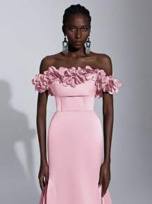 Elitara Elegant Luxurious Off Shoulder Ruched Satin 3D Floral Back Lace-Up Mermaid Hem Dress, Suitable For Wedding, Party, Prom, Banquet (Heavy Embroidery), Formal, Gown, For Evening, Wedding Guest - Baby Pink - View 4