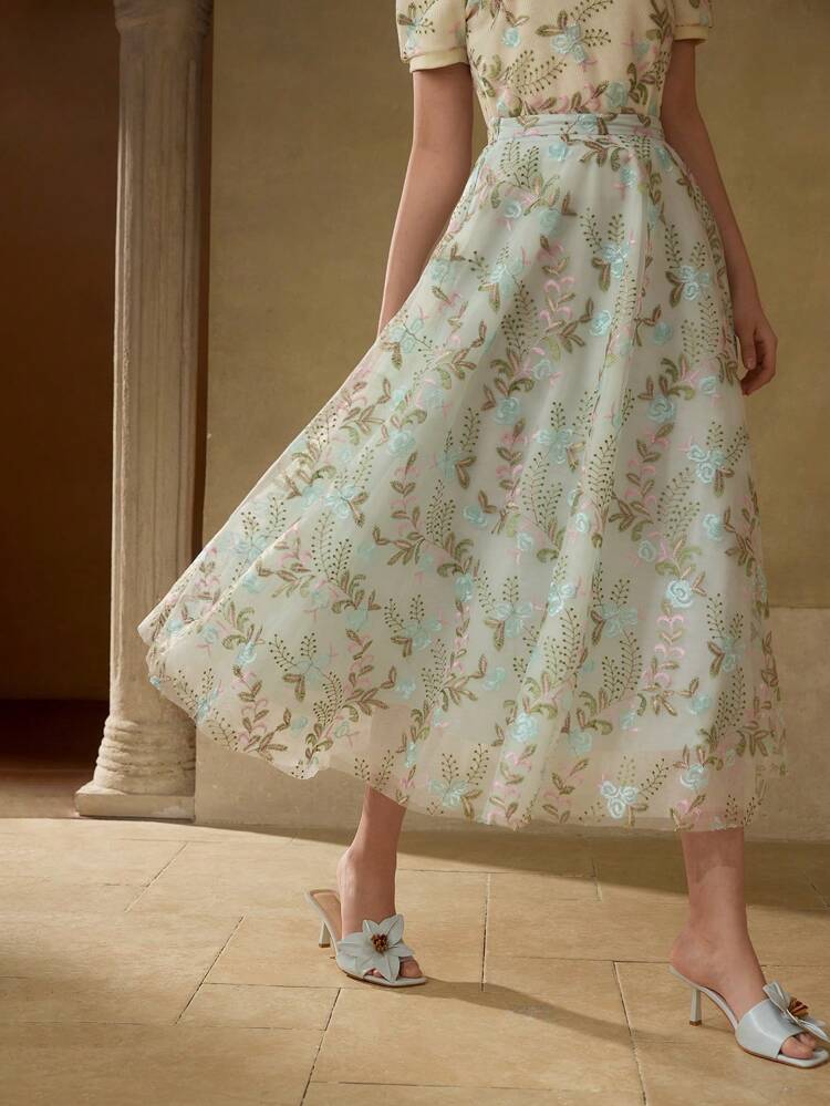 FLORAL EMBROIDERY FLOWY SKIRT