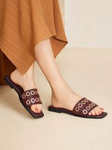 MOTF PREMIUM FLAT SANDALS, SQUARE TOE SLIP-ON SANDALS - Burgundy - View 2