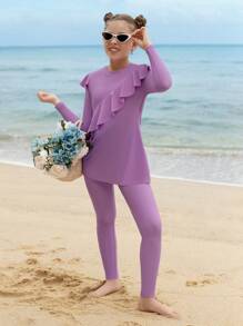 Conjunto de bikini modesto para niñas preadolescentes con manga larga y pantalón largo, con diseño vintage asimétrico y recorte con volantes