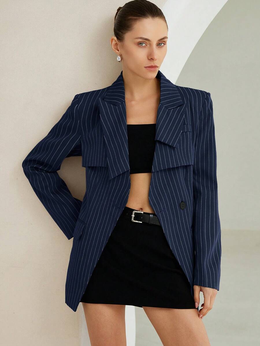 Aveloria Modichic 女款優雅解構長袖西裝外套,海軍藍與白色,夏季休閒商務優雅寬版雙排扣條紋外套 - 藏蓝色 - 查看 1