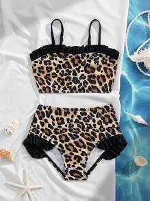 Set di 2 pezzi da bagno per ragazze giovani, costume da bagno da spiaggia e vacanza con stampa leopardata e volant a motivo casuale