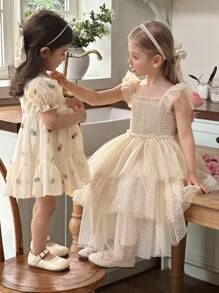 Vestido elegante de bebé niña con estampado floral de organza color albaricoque y dobladillo con volantes