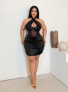 Maweii 大码女式撞色蕾丝荷叶边露背连衣裙 - 黑色 - 查看 4