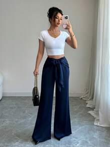 Elenzga Pantaloni eleganti a gamba larga di colore unito, alla moda per l'estate - Blu Navy - Visualizzare 3