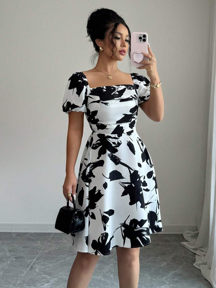 Elenzga 黑白镂空+褶饰腰部短款连衣裙 - 黑與白 - 查看 1