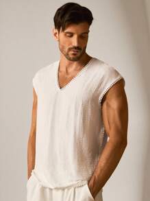 GENTILAND Men's V-Neck Pom Pom Trim Textured White Top - Lightweight, Bohemian Resort & Beach Essential! Men's Casual V-Neck Comfortable Tank Top, Suitable For Party, Beach, Daily. Men's Top, White V-Neck Top Men, Summer Breathable Tank Top Men, Textured Fabric Top Men, Pom Pom Trim Top Men, Ball Fringe V-Neck Top Men, Resort Wear Men's Top, Beach Style Sleeveless Shirt Men, Bohemian Style Men's Top, Lightweight Men's Top, SS25 New Men's Top, Men's Casual Sleeveless T-Shirt, White Linen-Look Top - White - View 6