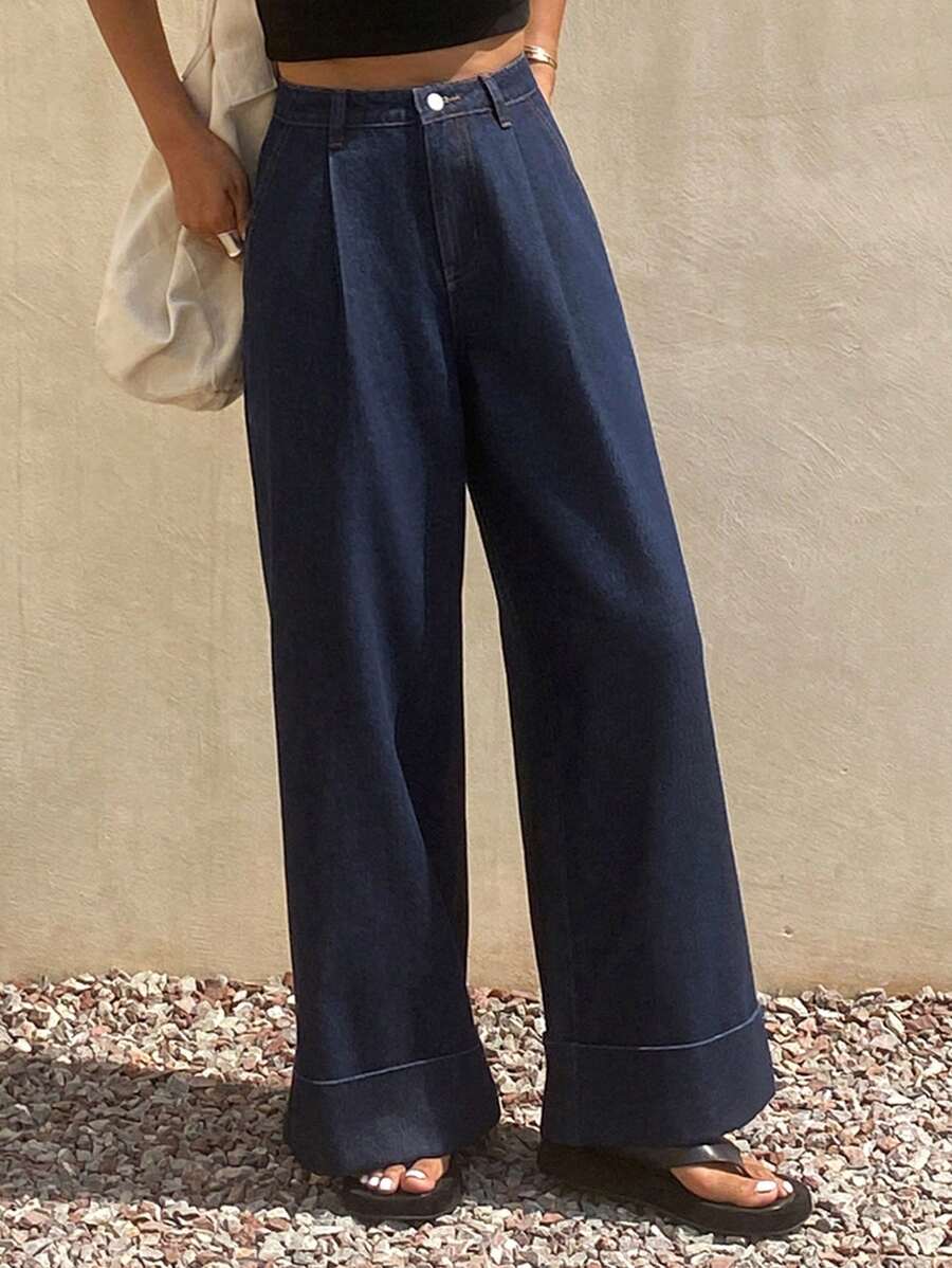 DAZY 春季女士宽松休闲纯色牛仔裤，夏季 - 藍色 - 查看 1