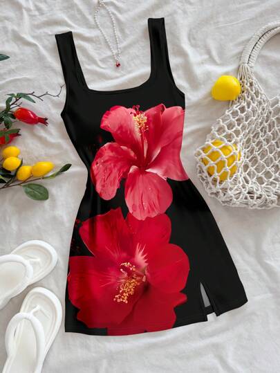 Soleia 加大码女式 U 领开衩紧身迷你连衣裙，花卉印花设计，适合夏季