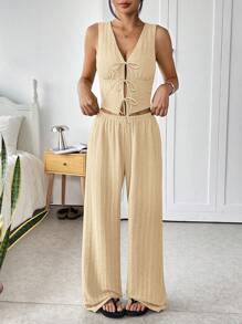 SHEIN EZwear 卡其色纹理针织吊带背心和裤子套装，度假装，夏季 - 卡其色 - 查看 5