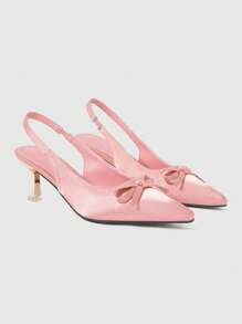ROMWE Kawaii 女士粉色可爱蝴蝶结小猫跟凉鞋时尚尖头性感金色方跟松紧带简约高跟女鞋 - 粉色 - 查看 1