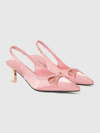 Kawaii Women's Pink Cute Bowknot Kitten Heel Sandals Fashionable Pointed Toe Sexy Gold Square Heel Elastic Band Simple High Heel Women Shoes