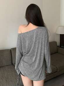 DAZY Maglietta oversize da donna con spalle scoperte e spacchi, top grigio con spalle scoperte, top con spalle scoperte, maglietta con spalle scoperte, abbigliamento autunnale da donna a maniche lunghe - Grigio - Visualizzare 3