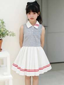 2pcs Casual Stylish Girls Collared Sleeveless Top And Elastic Waist Pleated Mini Skirt Set, Preppy Style - Grey - View 1