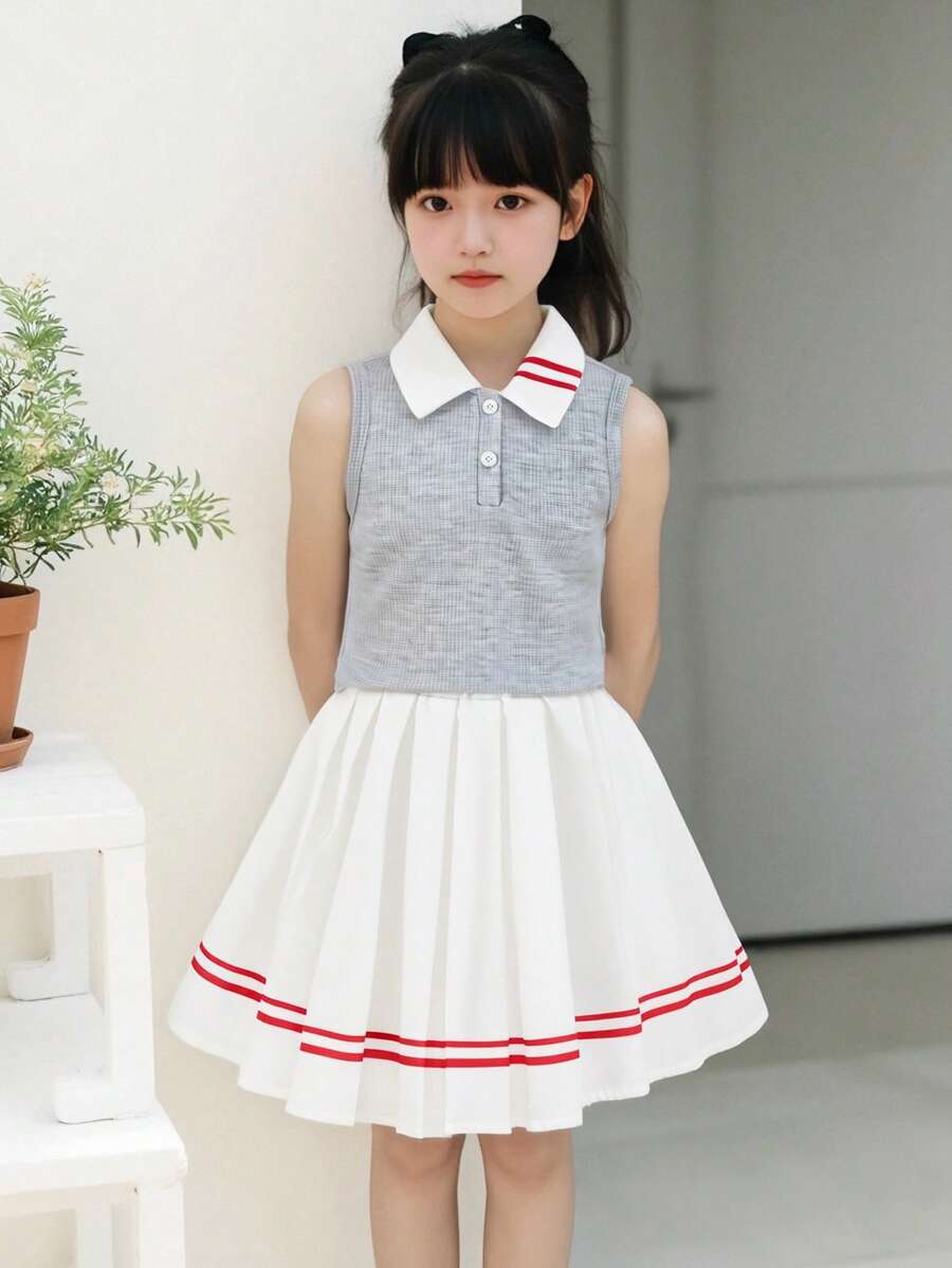 2pcs Casual Stylish Girls Collared Sleeveless Top And Elastic Waist Pleated Mini Skirt Set, Preppy Style - Grey - View 1