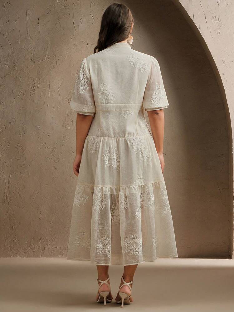 Plus Size Summer New Arrival Mini Stand Collar Lace Textured Waisted Dress