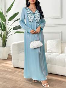 Yasmyna Women's Elegant Arabic Style V-Neck Long Sleeve Sequin Butterfly Embellished Dress Sequin Kaftan Butterfly Mukhawara Dress Luxury Dress For Women - Blue - View 4
