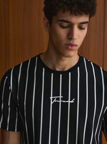 SWAVVY Men Letter Graphic Striped Casual Color Block Short Sleeve Tee, Boyfriend Gift, Summer, School