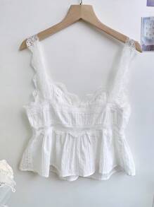 SHEIN EZwear 大码女式春夏蕾丝拼接单排扣休闲百搭日常上衣 - 白色 - 查看 6